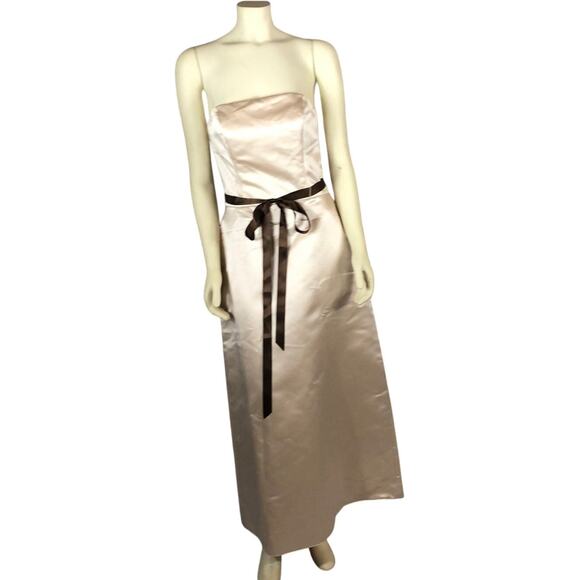 NWT Bill Levkoff Tan Satin Brown Belt Strapless Formal Bridesmaid Dress size 10 - Picture 4 of 12